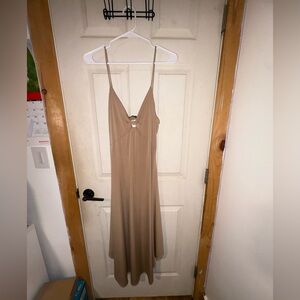 Zenobia Taupe Slip Midi Dress with Spaghetti Straps